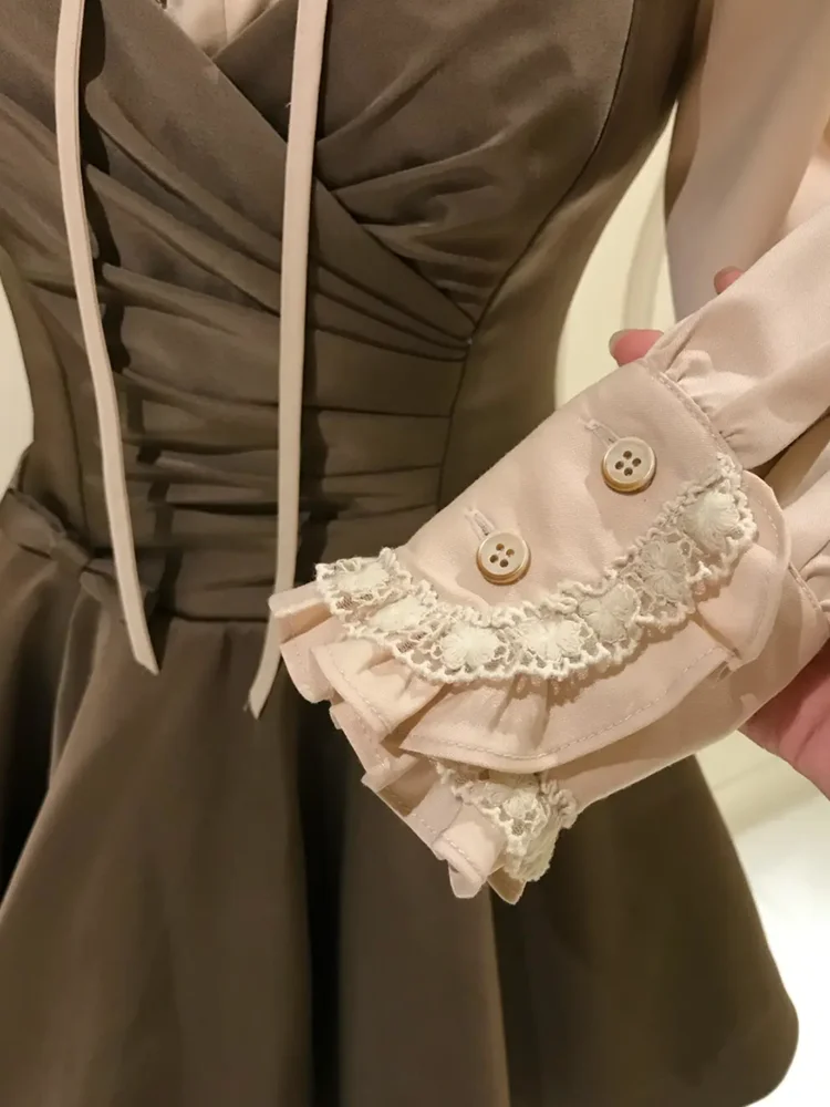 Retro Patchwork Satin Long Sve Dr Women's Autumn Court Sle Waist Cinching Slimming Princ ort Skirt Dr