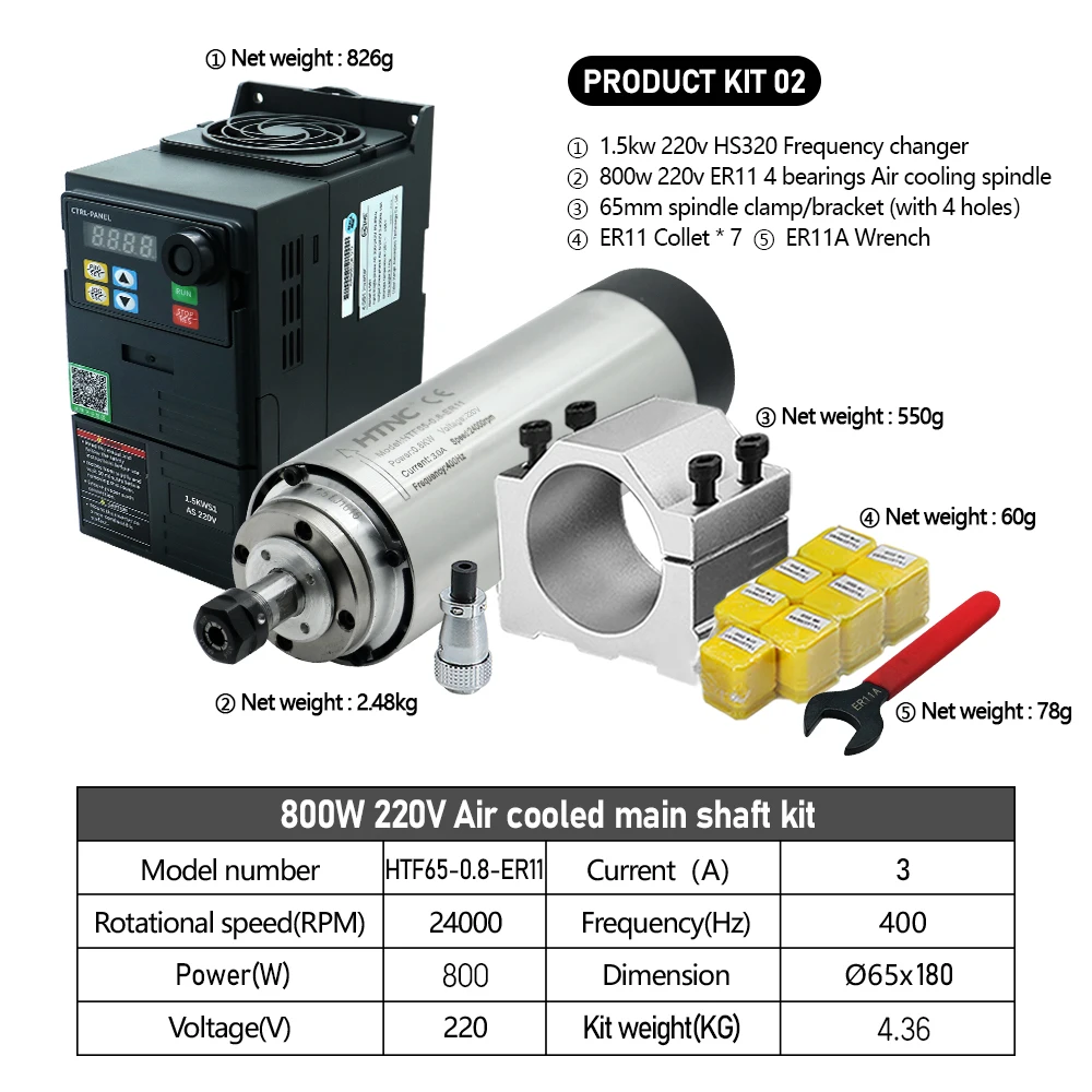 Hot Verkoop 0.8KW CNC Spilmotor 110 v/220 v ER11 800 W Ronde Spindel 24000 RPM + 1.5kw VFD 50/60 hz + 65mm Spindel Beugel + Spantangen