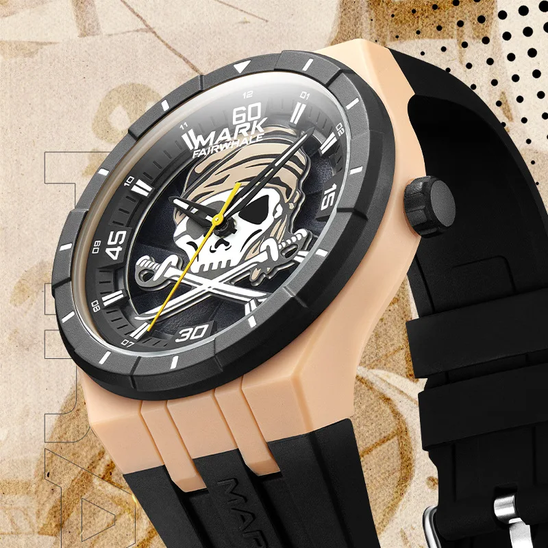 Mark Fairwhale New Fashion Skull Rotating Dial Quartz Watches for Man Sports Silicone Strap Waterproof Luminous Mens Watches