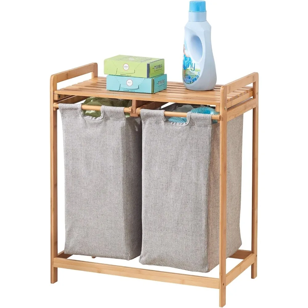 

Freestanding Bamboo 2 Section Double Laundry Organizer Hamper with Removable Storage Sorter Bags, Space-Saving Basket Duo