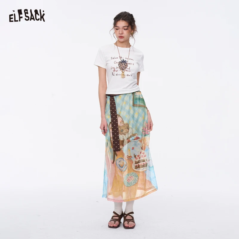 

ELFSACK Women's Bear Tea Party Print Midi Skirt, Straight A-Line Knit Mesh Skirt, Casual Versatile High Waist Long Skirt