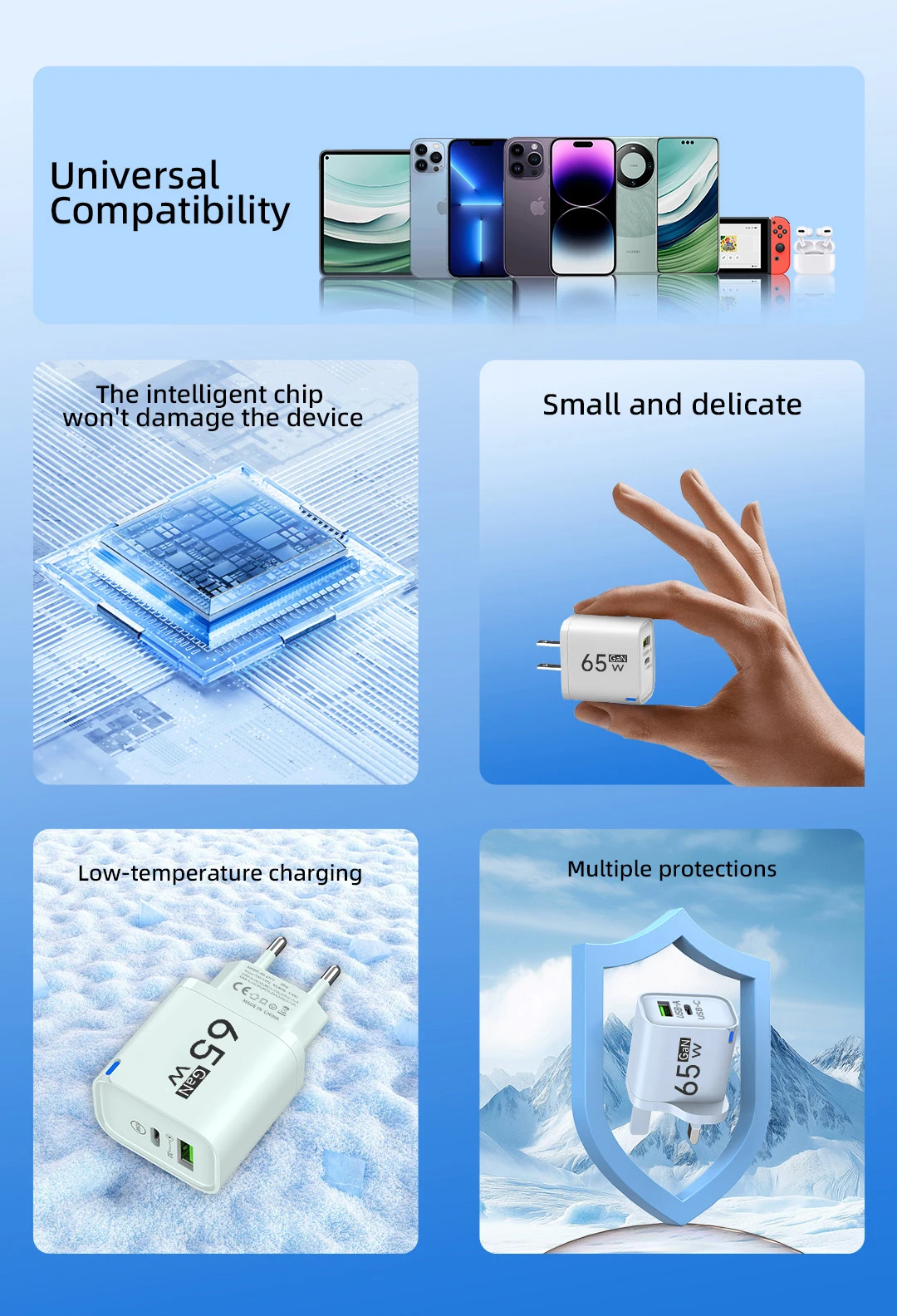 GaN USB نوع C شاحن سريع 65 واط متعدد المنافذ محول الشحن السريع الهاتف المحمول شاحن السفر السريع آيفون 16 شاومي سامسونج