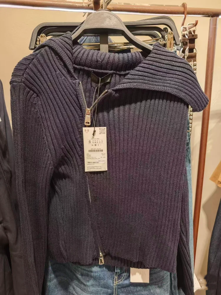 

Осень 2023, новый женский пикантный ленивый кардиган с застежкой-молнией и ребристом воротником, длинный вязаный топ свера, повседневный открытый кардиган из полиэфирного волокна