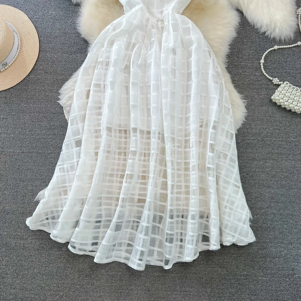 Summer Long White Beach Dress for Women Hole Halter Neck Openwork Waist Sleeveless Vacation Holiday Vestidos Elegant New In 2023