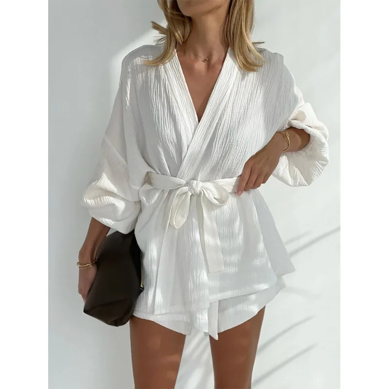

Casual White Women's Summer Suit Sleepwear Shorts Set Female Pajama Loose Long Sleeve Robes Two Piece Set Homewear