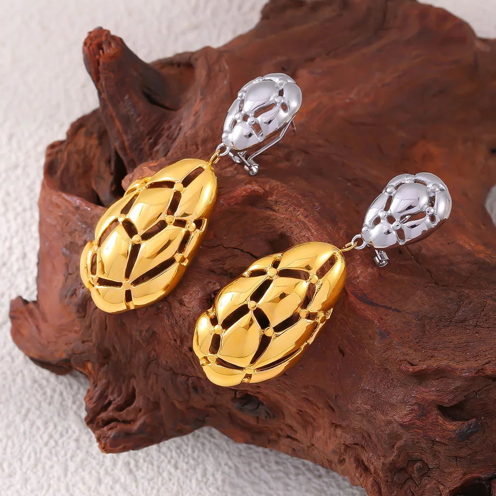 Chic Contrast Color Exaggerate Gold Plated Drop Shape Hollow Earrings Ear Stud Waterproof Charm Jewelry Gift