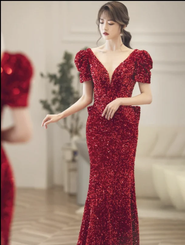 

Fishtail Toast Women's Bridal Sequins Luxury Red Return Reception Dress