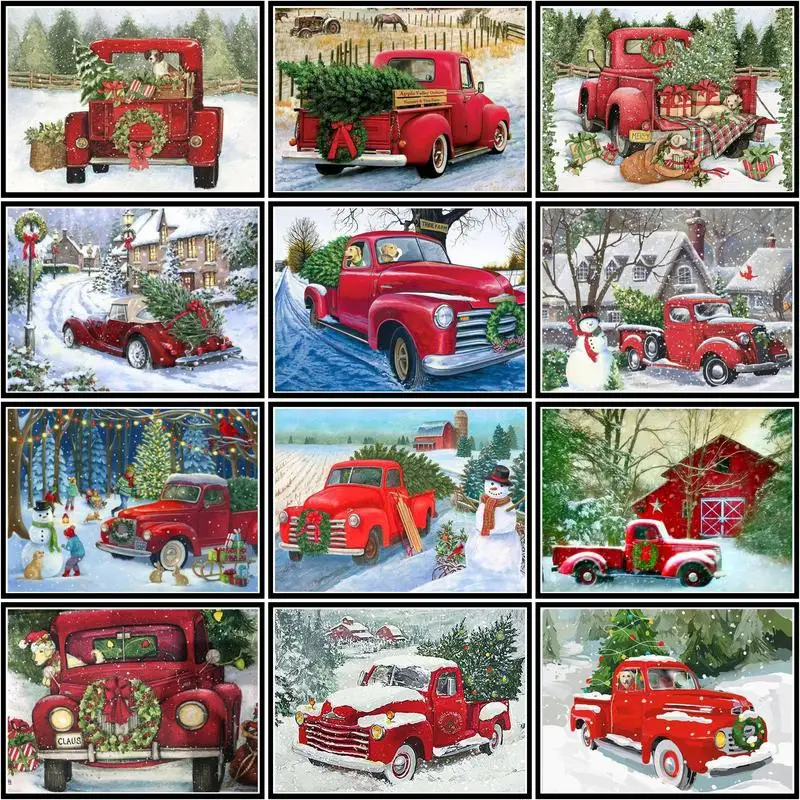 CHENISTORY Acrylic Paint By Numbers Red Car Art Gift Pictures By Numbers For Children Winter Landsape On Canvas Home Decor