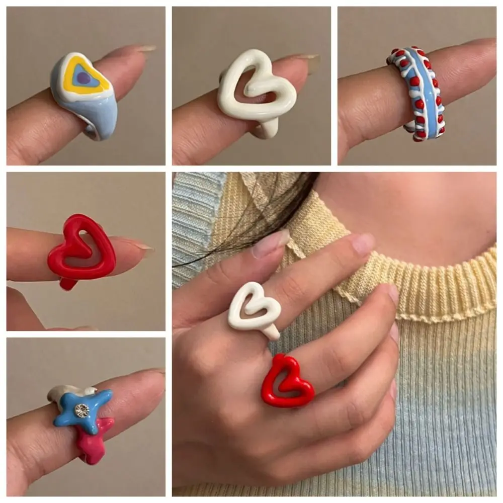 Y2K Enamel Heart Ring Korean Style Alloy Dripping Oil Finger Buckle Chunky Jewelry Minority Design Geometric Ring Gift