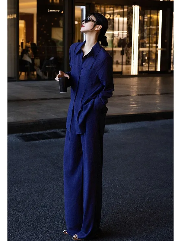 

Cool And Stylish Loose Fit Denim Blue Fashion Shirt And Wide Leg Pants Two Piece Set for Women Autumn 2026 Trendy Outfit