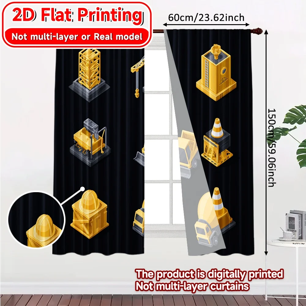 2D Flat Printing,2pcs Construction Fleet Modern Curtains 100% Polyester Curtains Art Deco Festive Use for Living Room, Bedroom,
