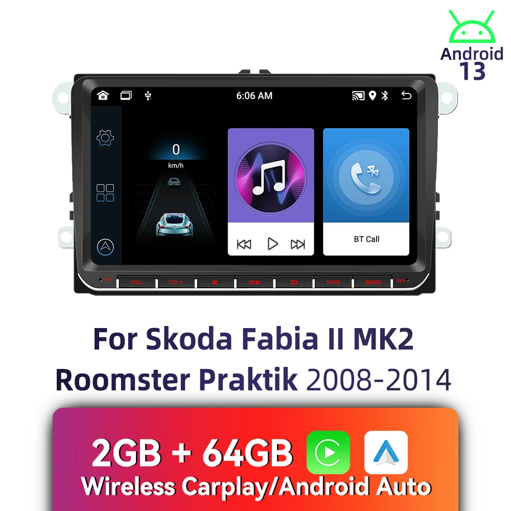 

9" CarPlay Android Car 2 Din Stereo for Skoda Fabia 2 II MK2 Roomster Praktik 2008-2014 - Head Unit with , BT Multimedia Radio