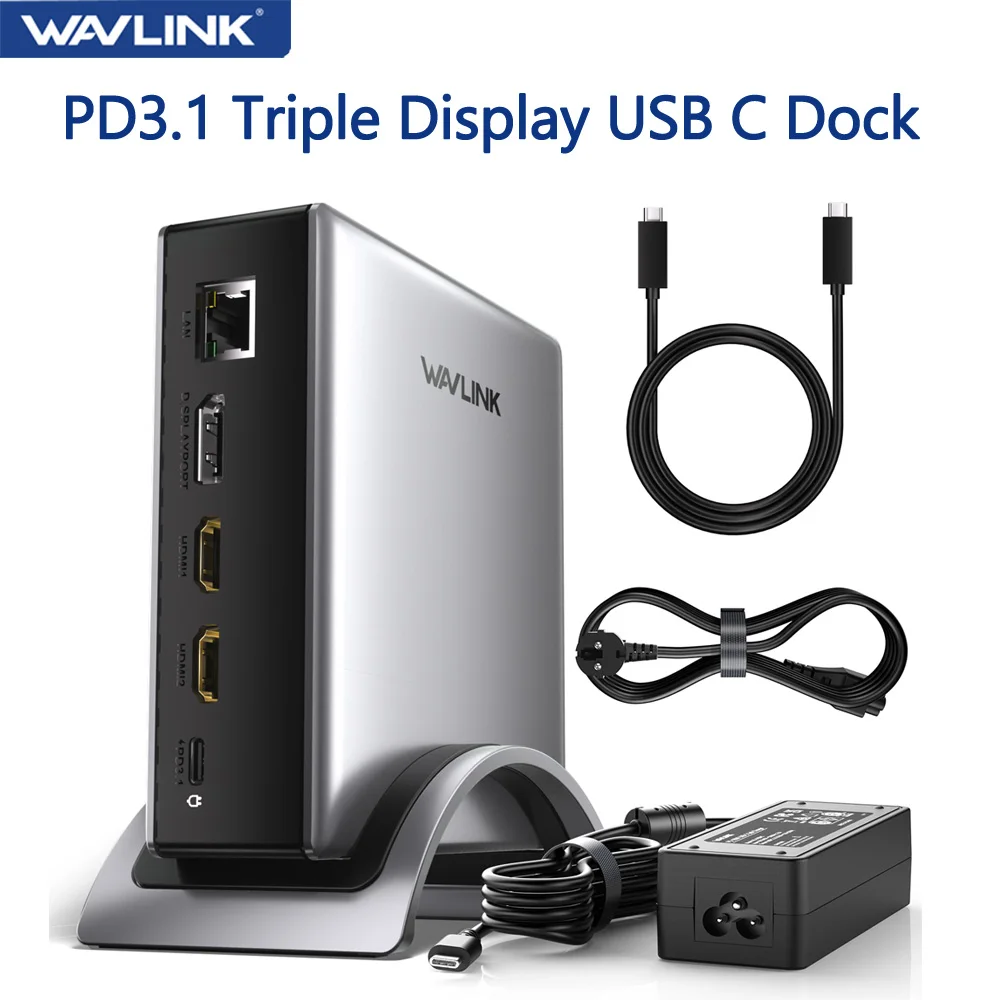 WAVLINK PD3.1 محطة إرساء USB C ثلاثية العرض 125 وات شحن 8K HDMI * 2 8K Displayport RJ45 10G USB-C قفص الاتهام لـ M1/M2/M3 & Win #1