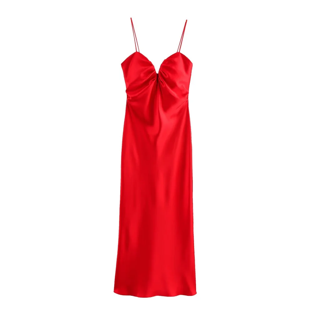 2025 BM&MD&ZA Women's Dress: Glamorous Red Satin Slip Dress with Sweetheart Neckline and Spaghetti Straps