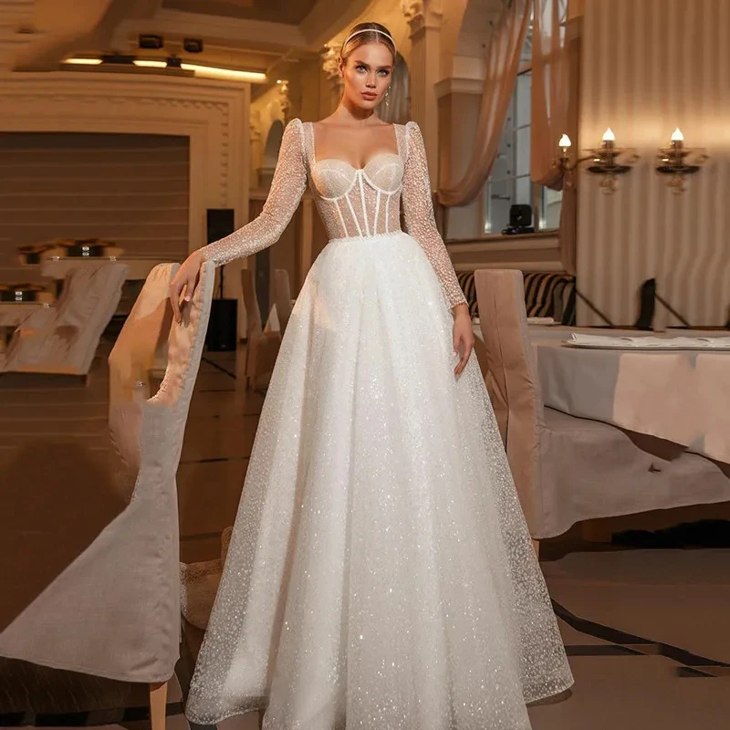 Vestido De novia De tul con purpurina brillante, traje De princesa, línea A, 2024