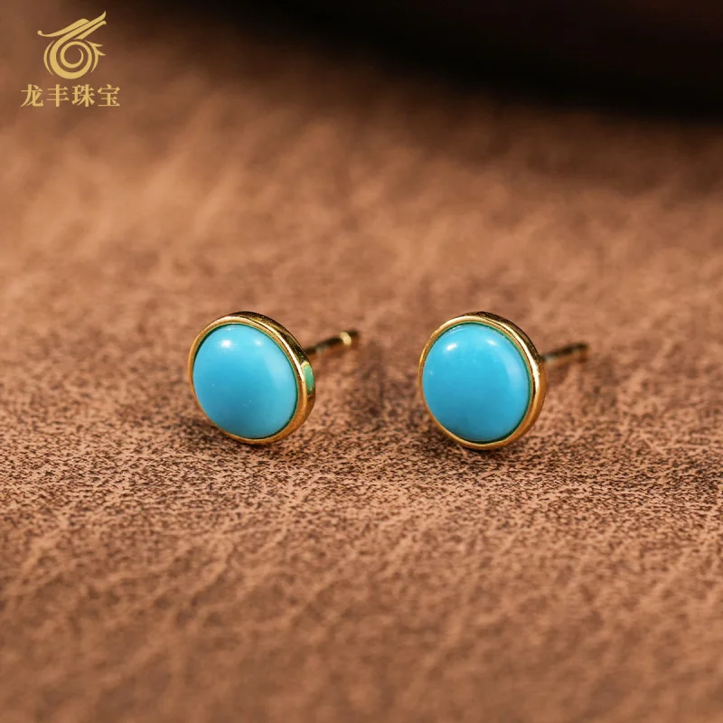 

Turquoise Earrings S925 Silver Plated 18K Gold Natural High Porcelain Turquoise Round Women's Earrings