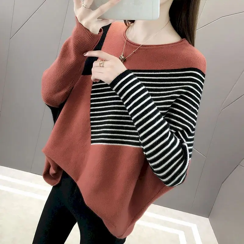 Fashion Knitted Pullovers Women Spring Autumn Trendy Bat Shirt Short Sweater Coat Loose Blouse Stripe Stitching Design Sweaters