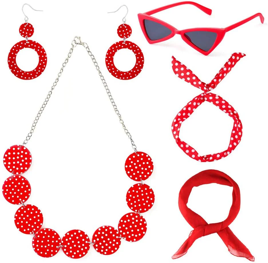PESENAR Akcesoria do kostiumów w stylu lat 50.: Grochy, czerwone akcenty i styl vintage, idealne na nostalgiczne imprezy tematyczne.