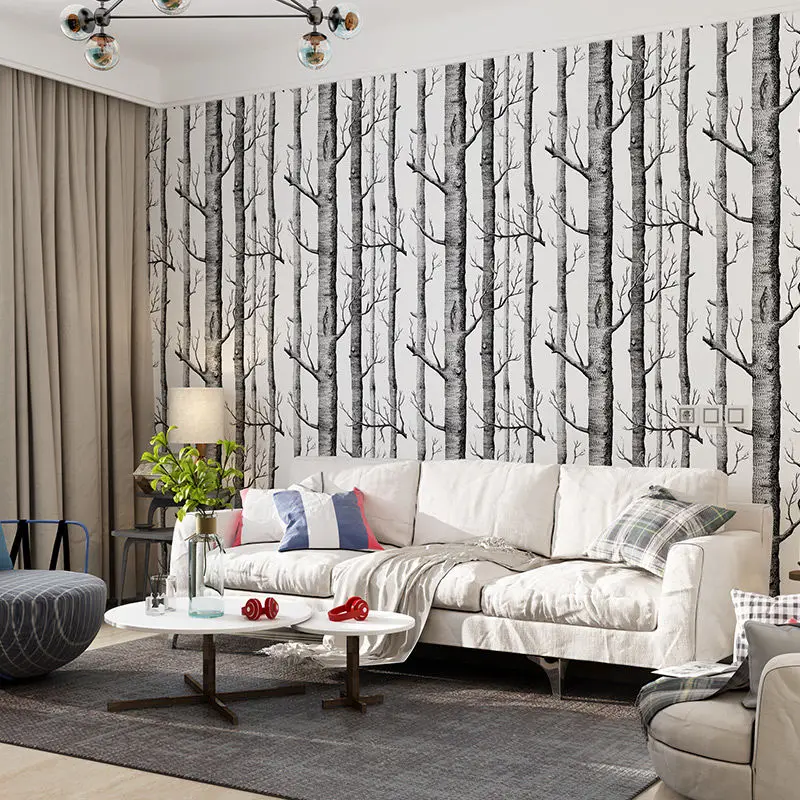 Black White Birch Tree Wallpaper Modern Design Roll Pearly Rustic Forest Woods Bedroom Living Room Wall Paper