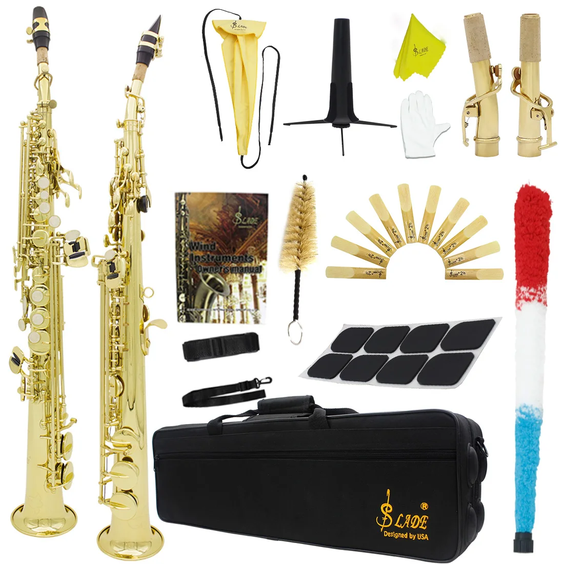 

SLADE Saxophone Bb Straight Soprano Brass Gold Key B Flat Beginners Adults Sax with Cleanning Cloth Reed Strap Gloves Accessory