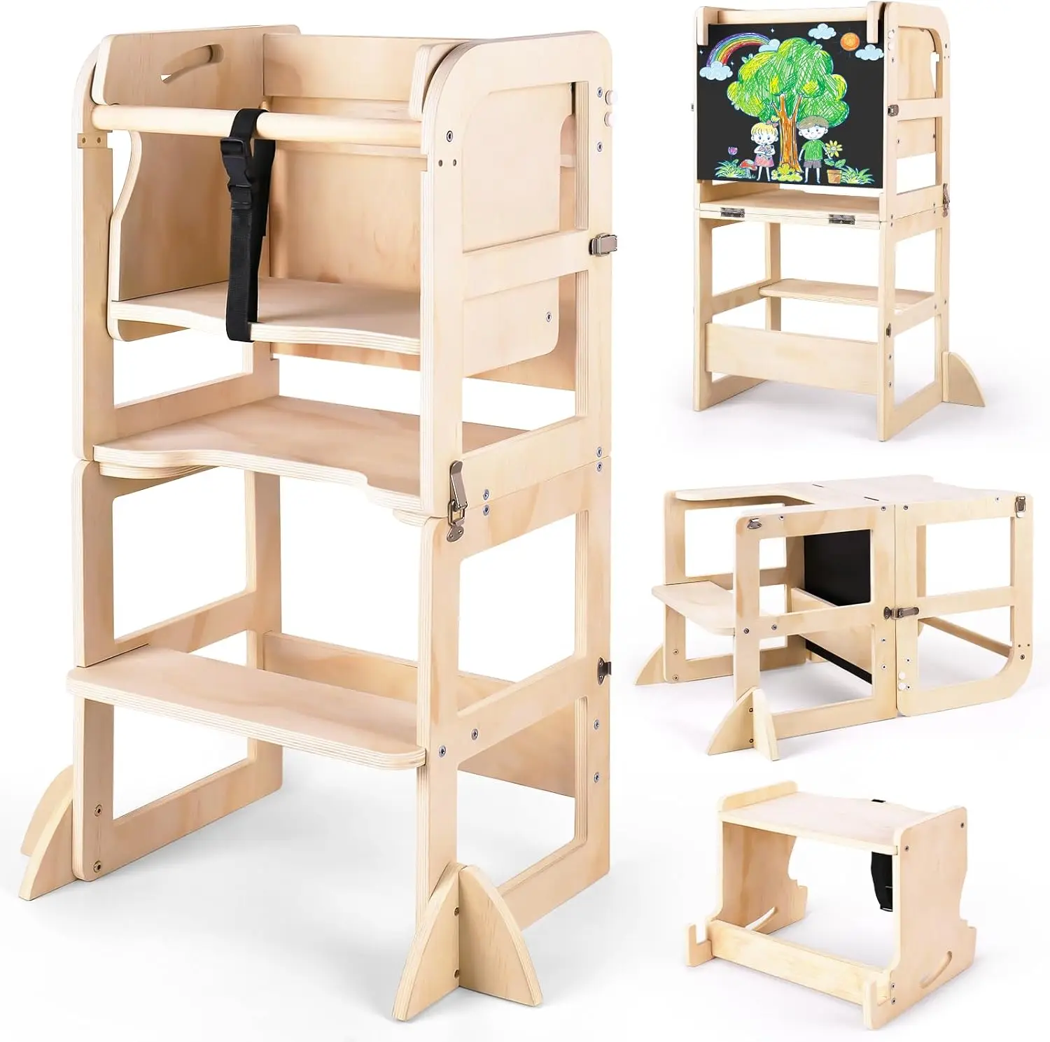 Kitchen Step Stool with Wooden Stool, Foldable Learning Standing Tower with Blackboard & Feeding Tray, Wooden Kitchen Stool Help