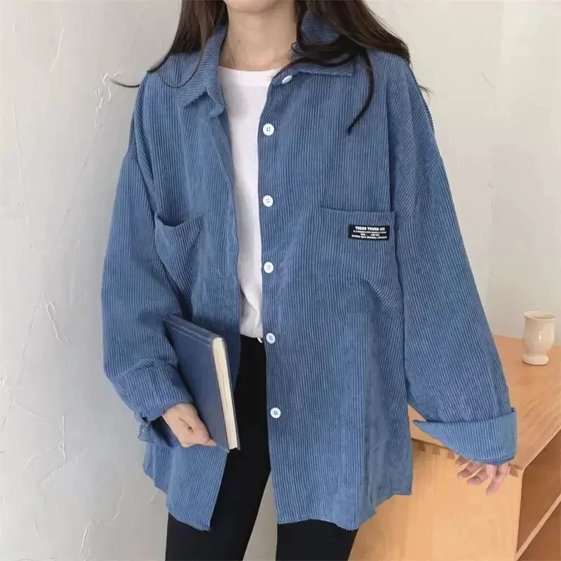 Corduroy Shirts Women Daily Pockets Casual Turn-down Collar Popular Loose Outerwear Single-breasted Lady Clothes NS5535