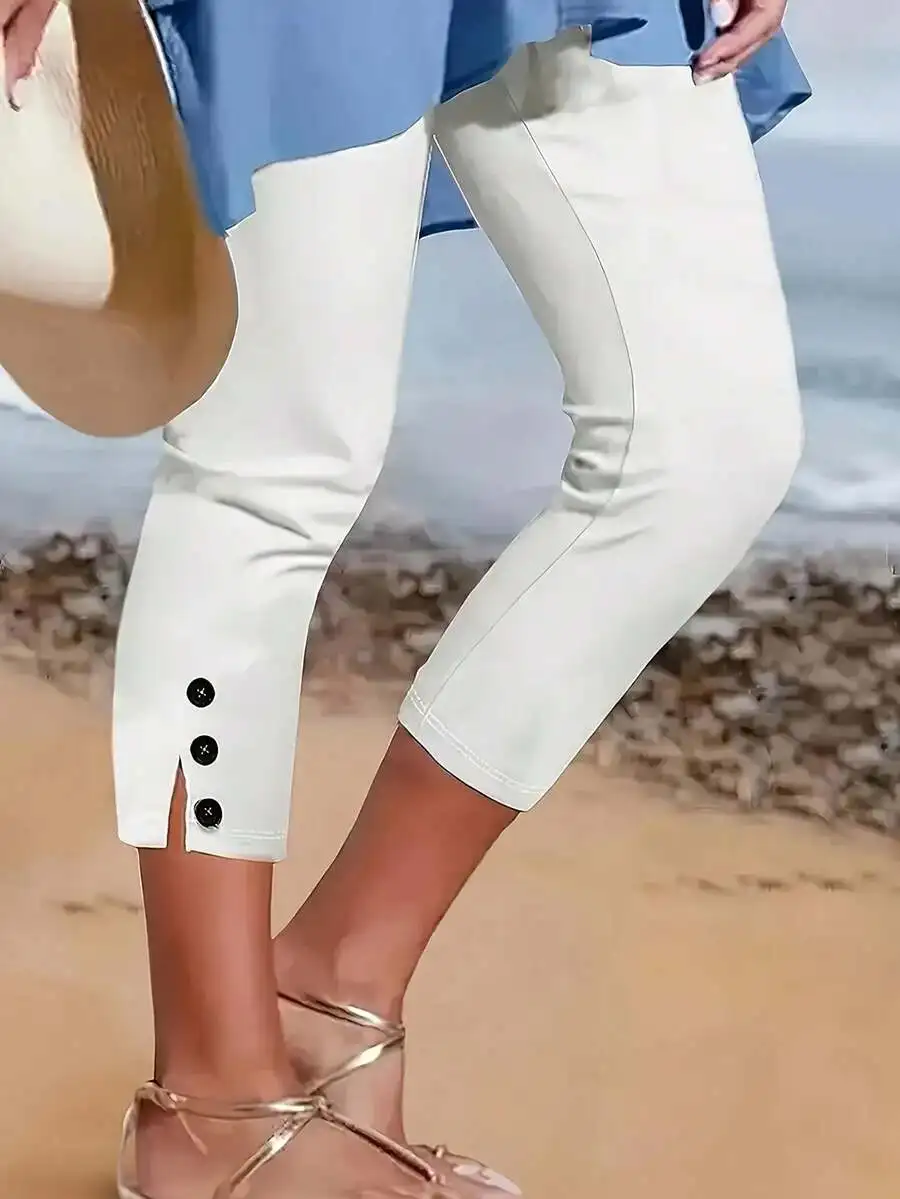 

Womens Mid-Rise Slim Fit Capri Pants With Decorative Buttons Solid Color Stretch