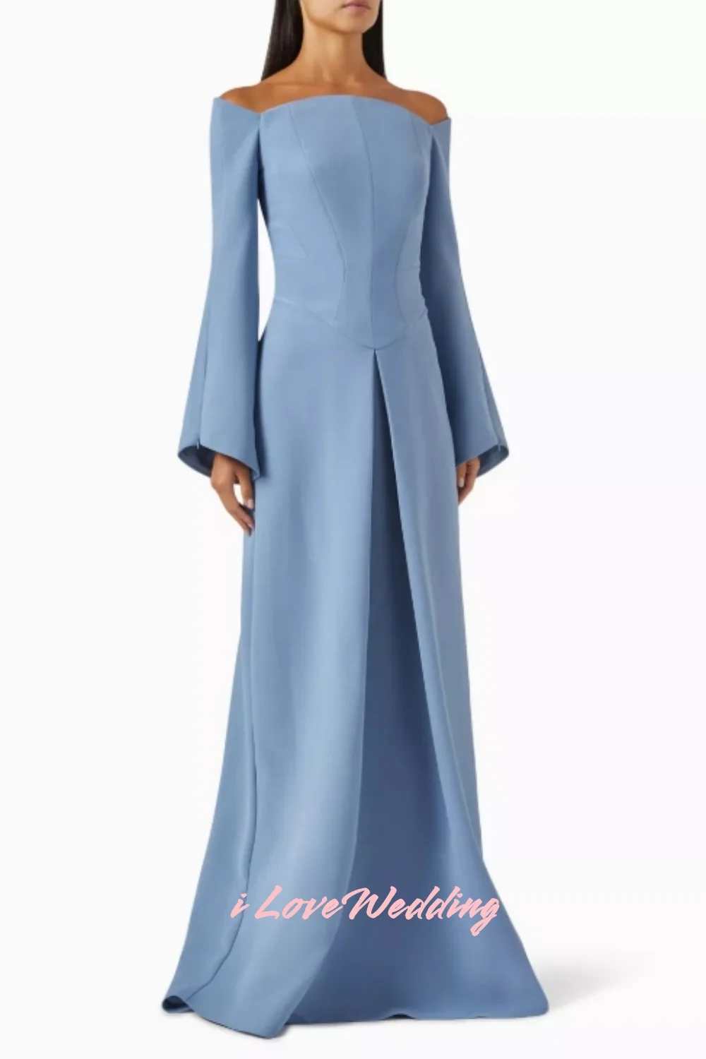 

Blue Off the Shoulder Prom Dresses 2025 Satin Long Sleeve A-line Pleated Floor-Length Sweep Train Evening Dresses Customized