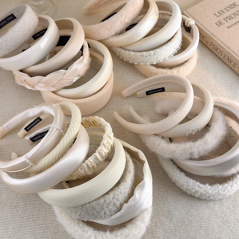 

1pc Wide Volume Headband Beige Cream Solid Color Plush Sponge Hairband High Crown Lifting for Women Girls Daily Hairstyle