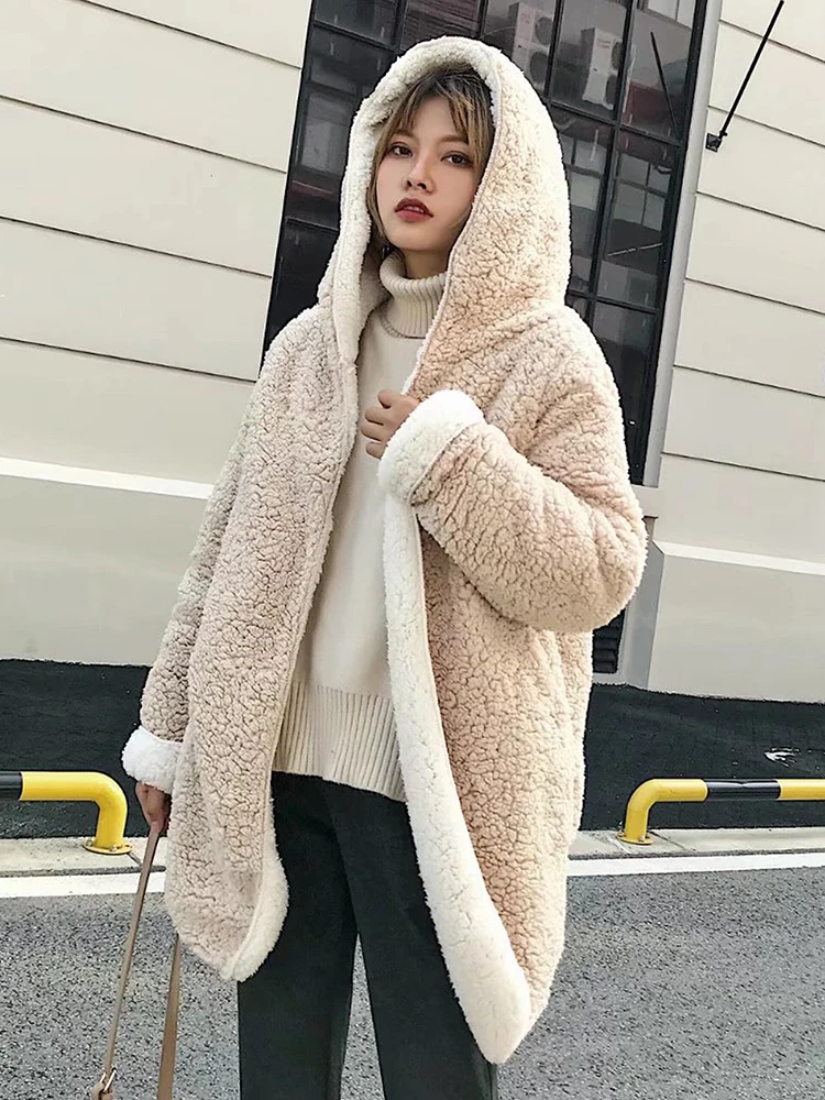 Winter Coat Women Long Hooded Parka Female Oversize Jacket Cashmere Ladies Solid Loose Fur Coat Warm Casaco Teddy Femenino