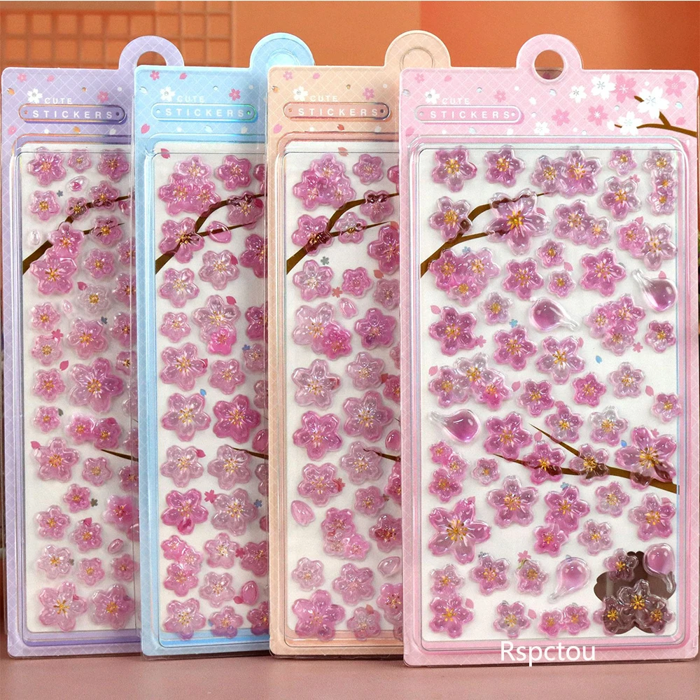 

6pcs Beautiful Pink Sakura 3D Crystal Relief Stickers Cartoon Cherry Blossom Aesthetic Decals Notebook Phone Guitar Sticker Gift