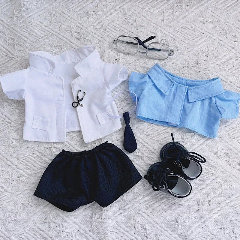 

20cm No Attribute Fashion Blue Hairband Blue Shirts Pants Cool Handsome Uniform Clothes Plush Doll Costume Outfit Accessories