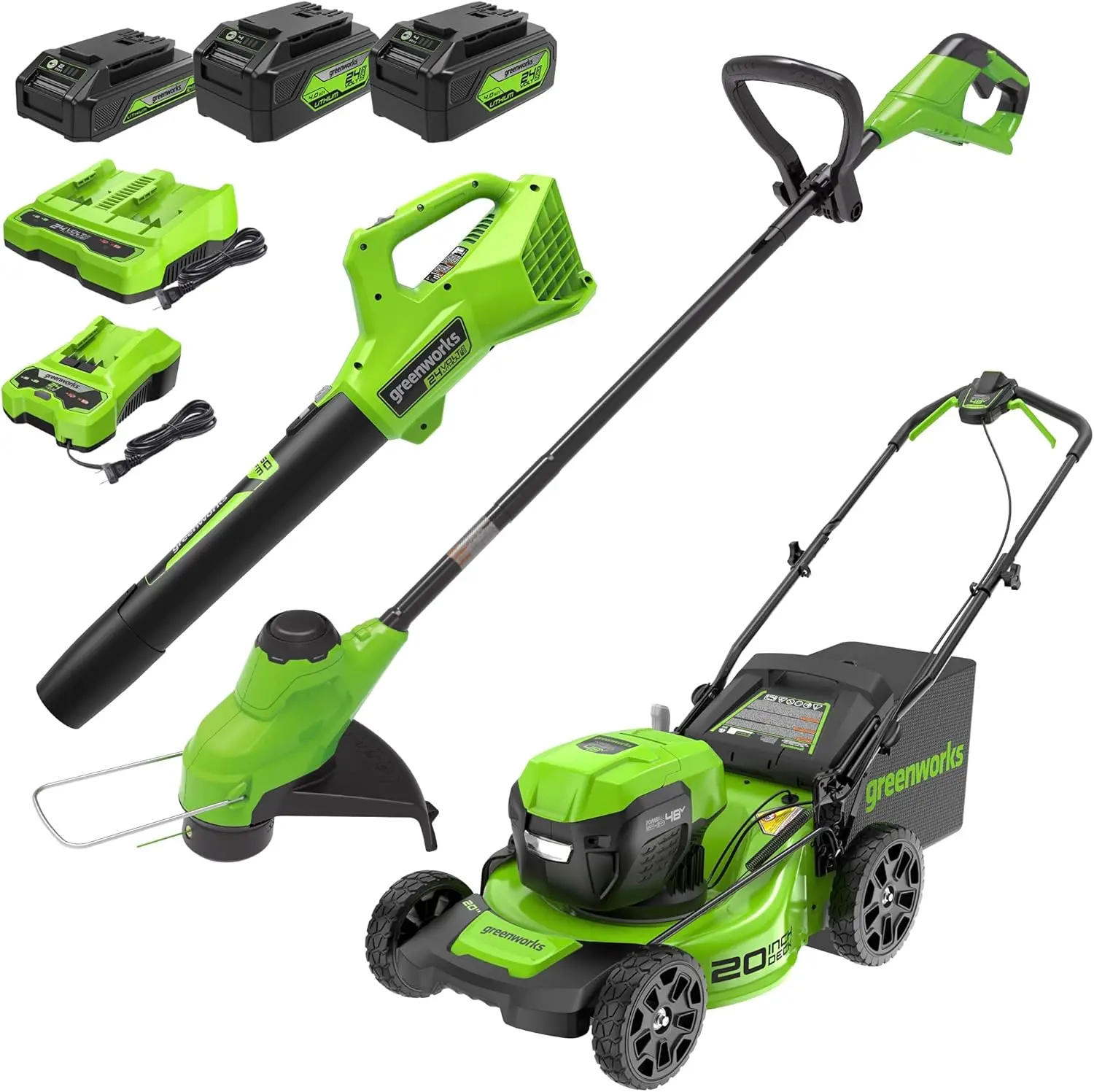 Greenworks 48V (2x24V) 20-Inch Cordless Battery Mower, 12-Inch String Trimmer, and 320 CFM Blower Combo Kit