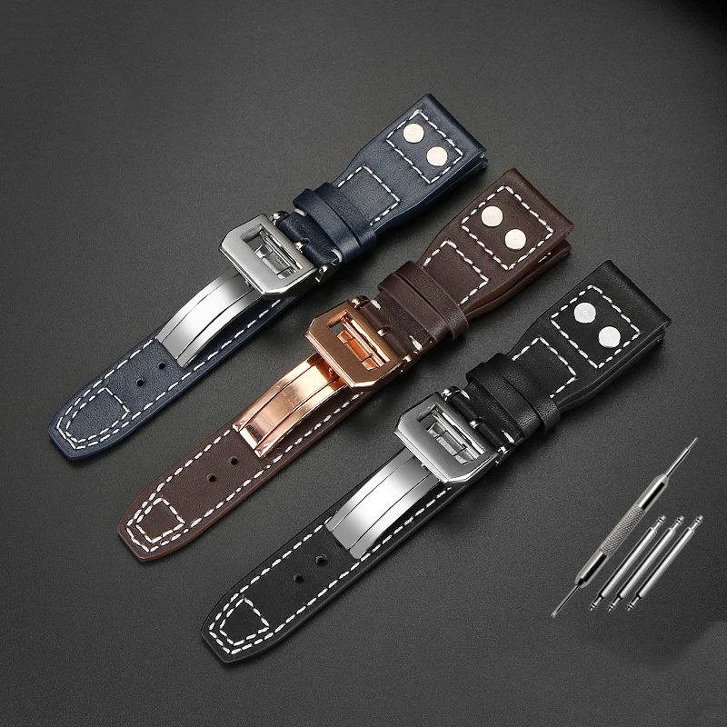 21mm 22mm High Quality Leather Watch band For IWC Pilot Mark cowhide Watch Strap Rivets Black Blue Folding buckle Accessories