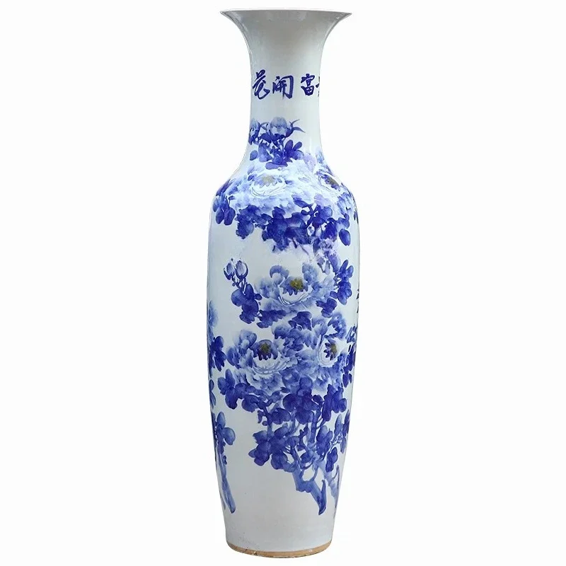 Ceramics 1.6 meters hand-painted blue and white peony floor-to-ceiling large vase Chinese-style ornament, opening decoration