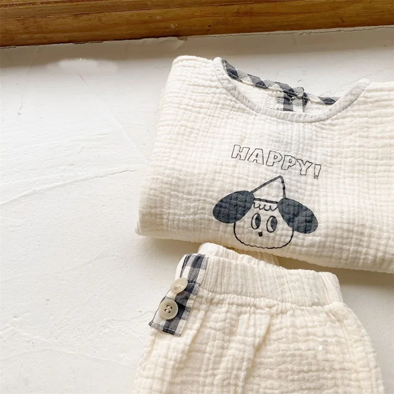 2024 New Baby Cotton Linen Clothes Set Plaid Cartoon Casual Tops + Pants 2pcs Baby Set Cute Boy Girls Comfortable Infant Outfits