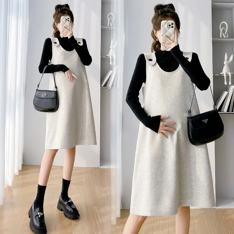 Autumn Winter New Maternity Mid-length Late Pregnancy Tweed Strappy Dress Temperament Fashion Loose Tweed Undershirt Skirt