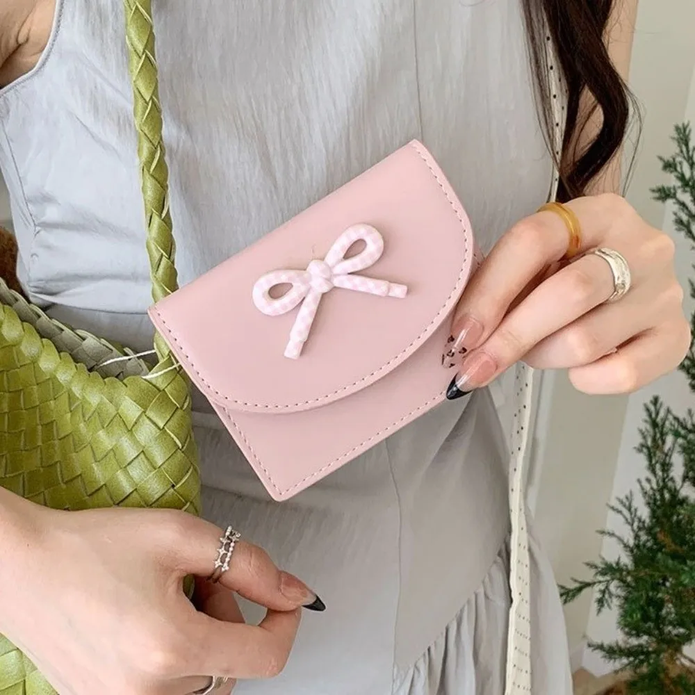 INS Casual PU Leather Short Wallet Large Capacity Portable Cash Bag Bowknot Dopamine Color Card Holders Female Girl