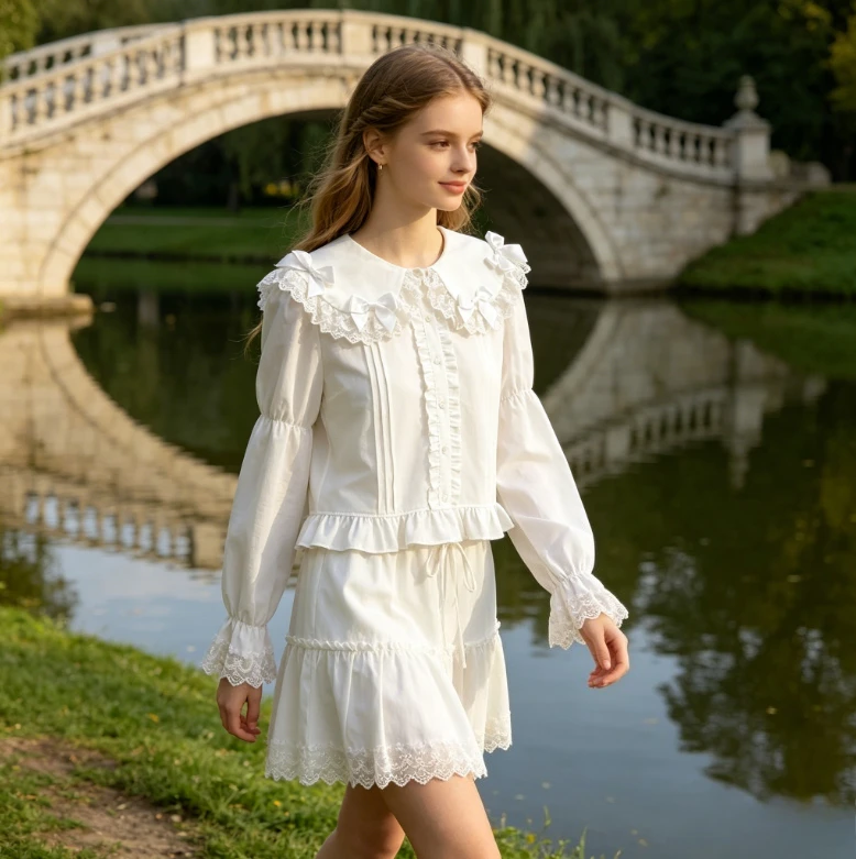 

Solid Color Causal Shirts Spring Autumn Women's Tops Lolita Style Inner Layer Shirt Bow Lace Tie Chiffon Long Sleeve Blouse