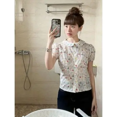 

Summer Collar Sweet Womens Blouse Y2k Aesthetic Flower Printing Single Breasted Blusas Puff Sleeve Vintage Fairy Crop Shirt