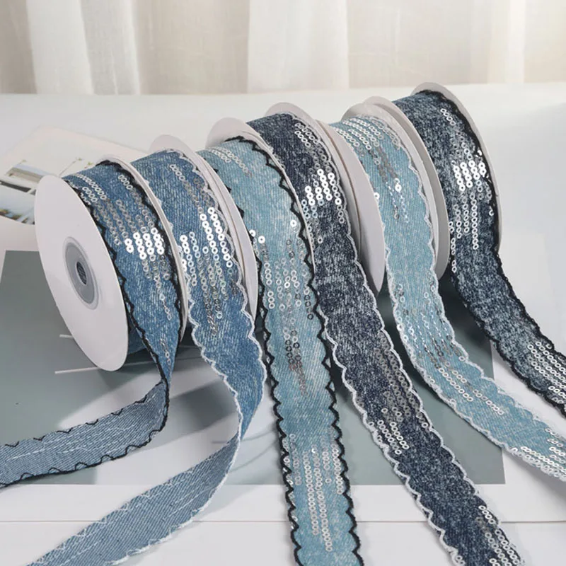 

New 25mm Sequin Denim Ribbon Lace DIY Handmade Material Package Gift Bouquet Packaging Satin Ribbon Clothing Lace