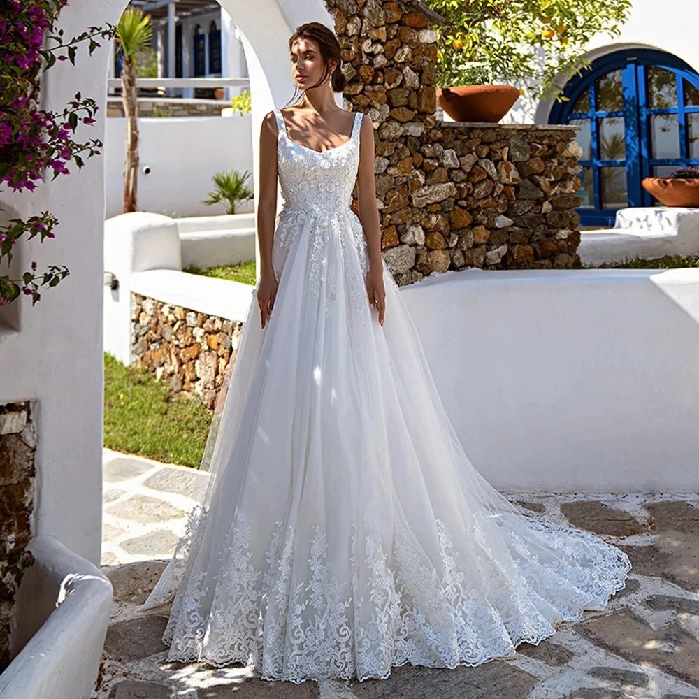 

Sexy Square Collar Sleeveless Vestido De Noiva Delicate Lace Wedding Dress Appliques Vestidos De Novia