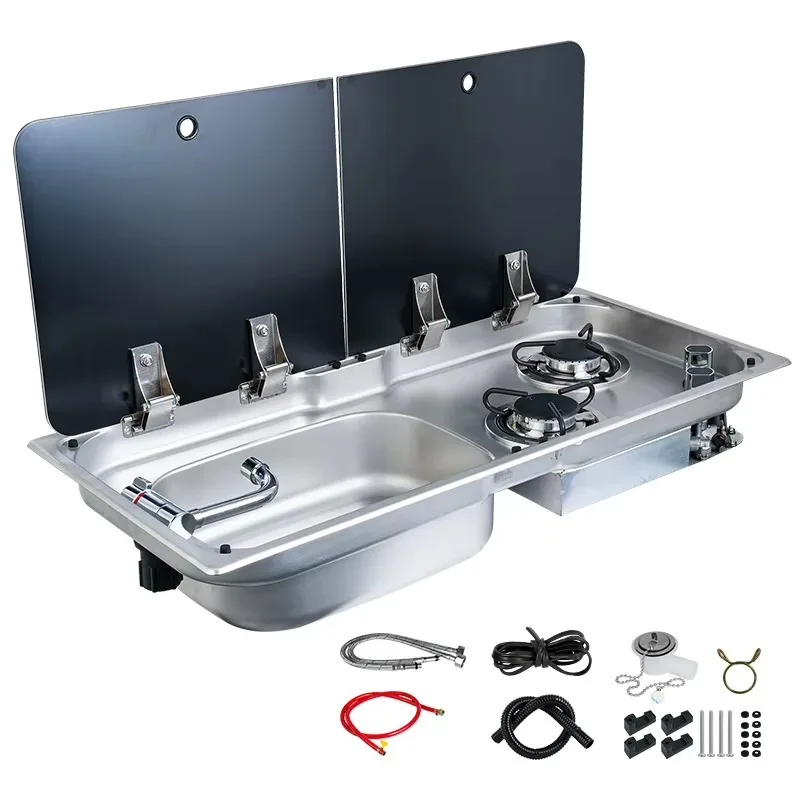 RV Integrated Kitchen Sink & 2-Burner Stove Combo, 304 Stainless Steel with Foldable Faucet & Glass Cover for Wholesale/Bulk