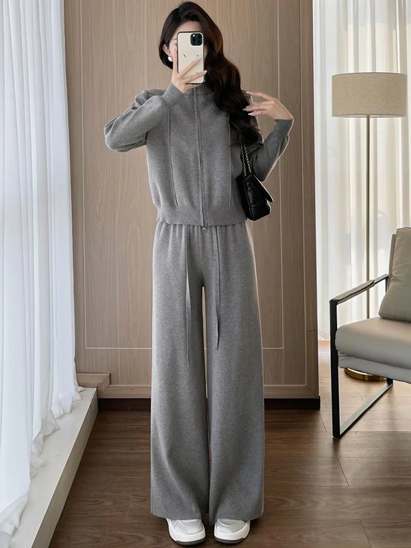 

Spring Fashion Long Sleeve Open Cardigan Coat And Wide Leg Pants Two Piece Set Gray Color Women's Clothing Casual Style