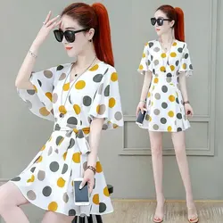 Women's Summer New Style Fashion Simplicity Printing V-neck Short Sleeve Shorts Two Piece Set Temperament Chiffon Dresses