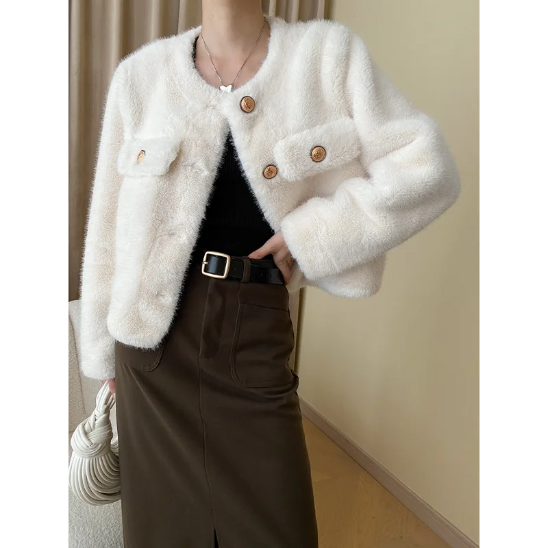 French Mink Fur Thick Women Coat Autumn Winter Casual O Neck Loose Wild Fashion Fur One Whit Black Daily Ladies Faux Fur Coat