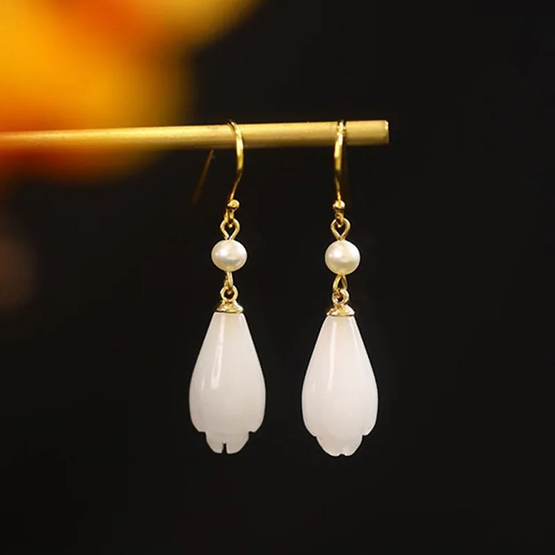 VENTFILLE 925 Sterling Silver Hetian Jade Earrings Pearl Magnolia Flower Eardrops Vintage Jewelry Dropshipping Wholesale