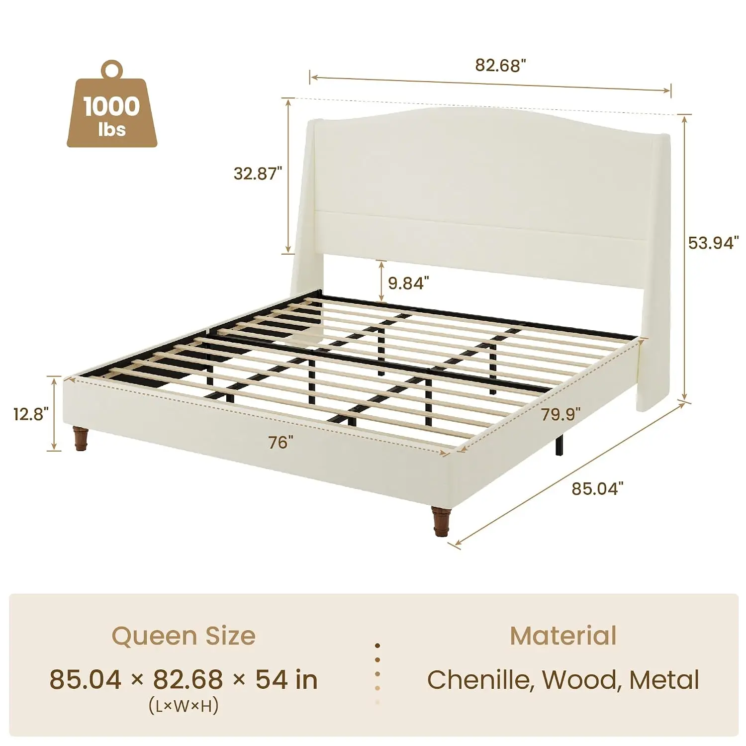 Bed Frame with Retro Wooden Legs, Soft White, Customized image 2