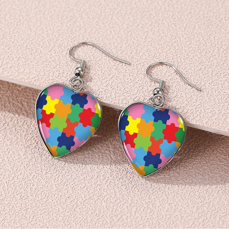 2024 New Autism Awareness Dangle Earring Heart Shaped Earrings Handmade Glass Dome Jewelry