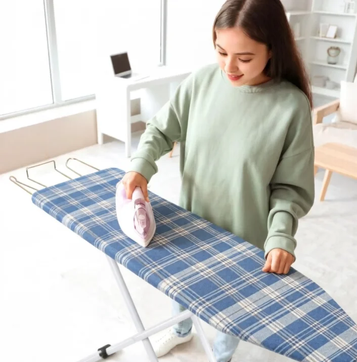 Full-Size Foldable Ironing Board 42 Inch Heavy Duty Height Adjustable with Heat-Resistant Cover Blue Plaid Pattern Non-Slip Legs